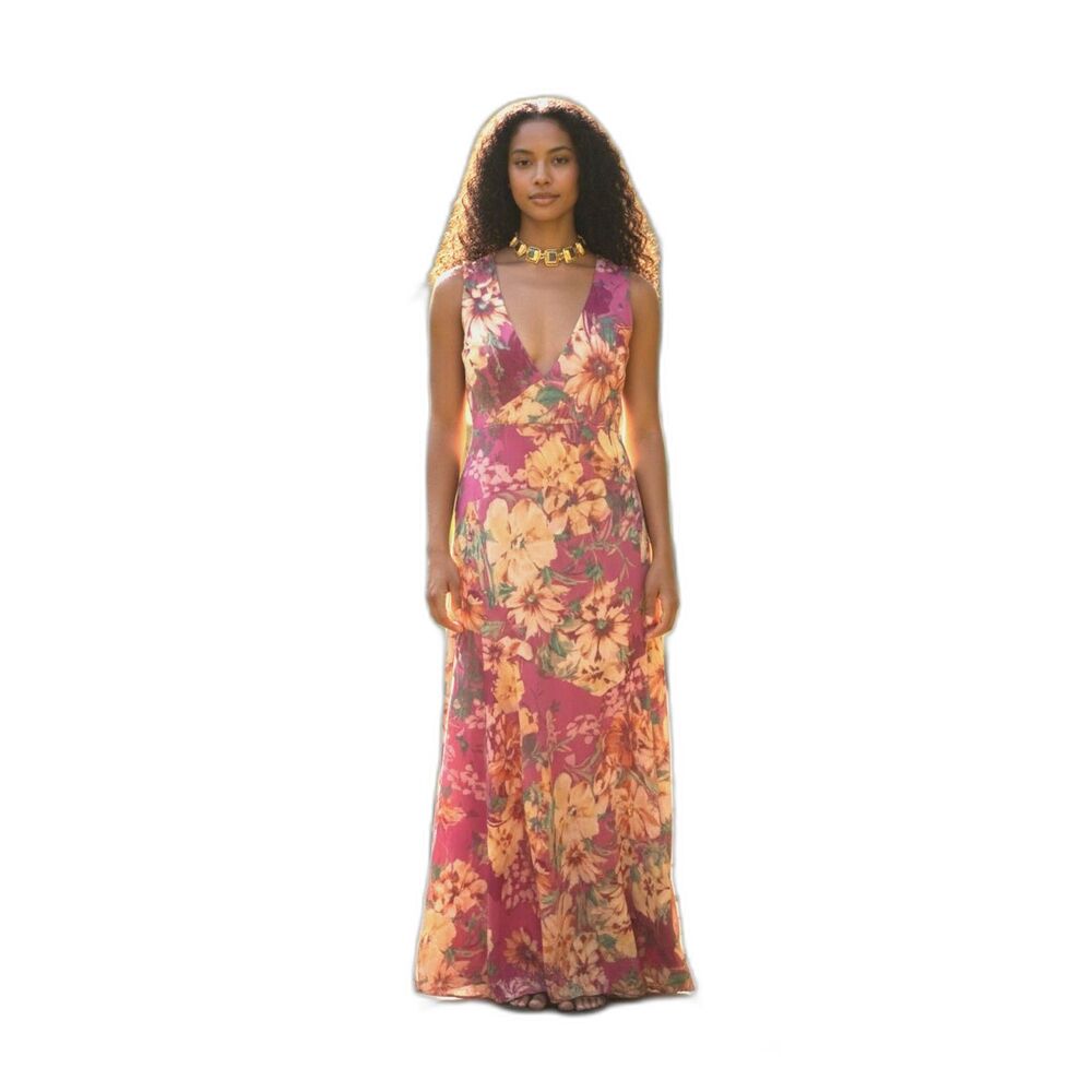 Women's Maxi Dress Pink Multi Floral Sleeveless Feminine Romantic Size 14